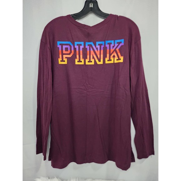Victoria's Secret PINK V Neck Long Sleeve Rainbow Logo Campus Tee Small NEW - Picture 3 of 6